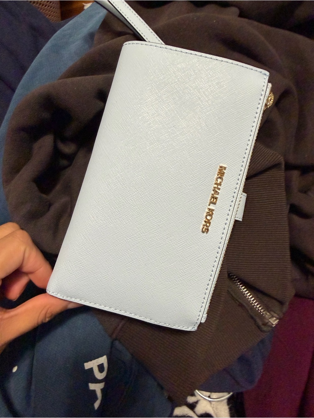 Michael Kors Pale Blue Saffiano Leather Wristlet Clutch with Gold Logo